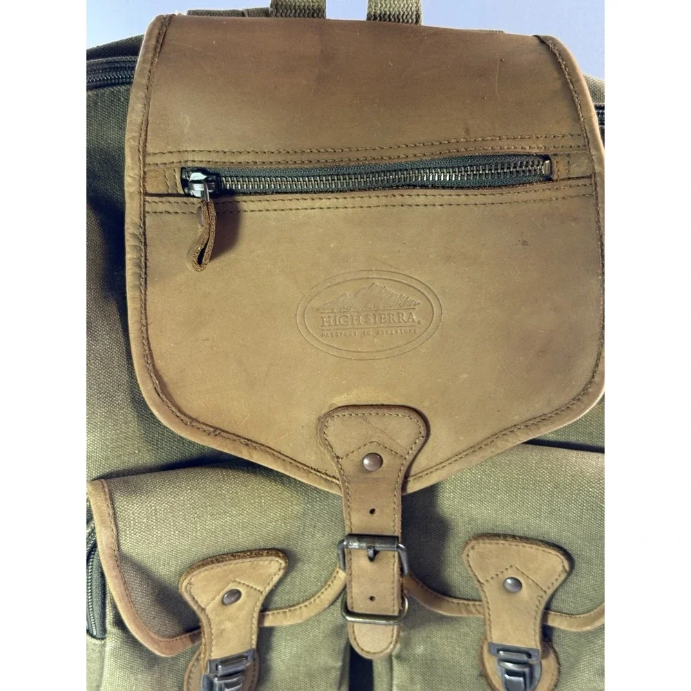 Vintage High Sierra Canvas Leather Backpack Rucksack Hiking Travel Bag Olive Tan